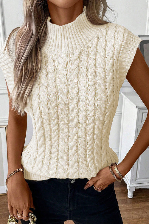 Gilet Pull Col Montant Tricot Torsadé Beige Oatmeal – S à XL