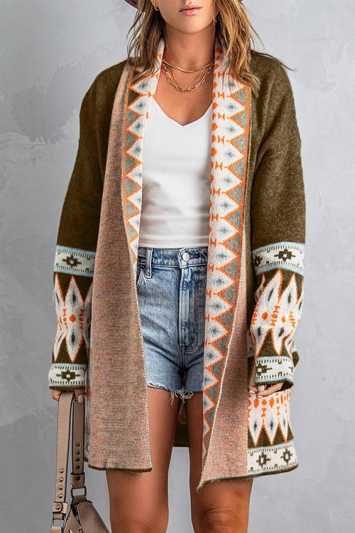 Cardigan Tricoté Marron à Motif Aztèque Ouvert – Gilet Femme Bohème XS à XXL