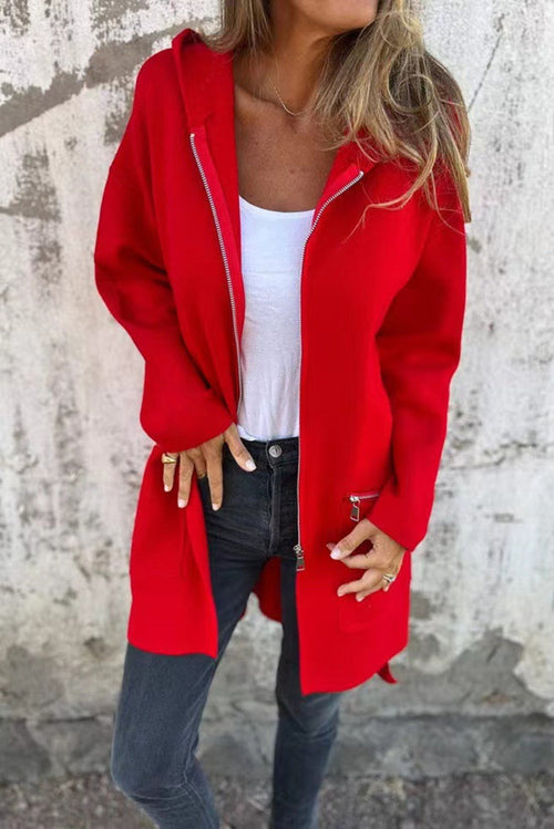Manteau Cardigan à Capuche Zippé LUNELUX™ – Rouge Vif Femme S à 3XL