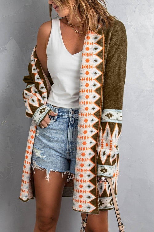 Cardigan Tricoté Marron à Motif Aztèque Ouvert – Gilet Femme Bohème XS à XXL