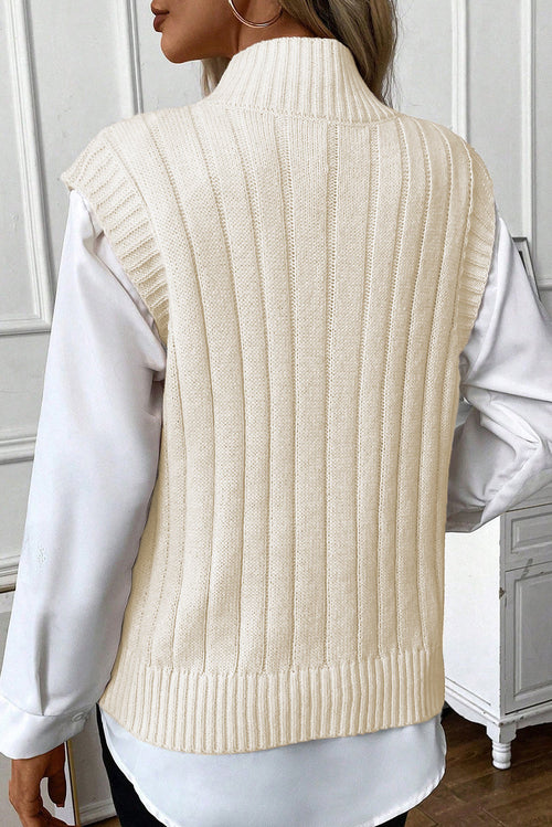 Gilet Pull Col Montant Tricot Torsadé Beige Oatmeal – S à XL