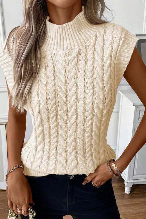 Gilet Pull Col Montant Tricot Torsadé Beige Oatmeal – S à XL