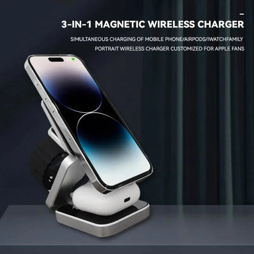 Support de Charge Sans Fil 3-en-1 Pliable – iPhone, AirPods et Apple Watch