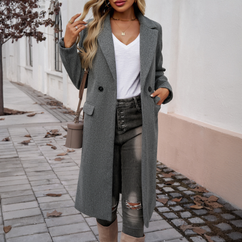 Manteau Long LUNELUX™ À Col Revers Boutonnage Simple – 4 Couleurs S à 2XL