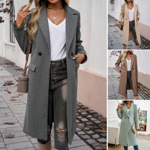 Manteau Long LUNELUX™ À Col Revers Boutonnage Simple – 4 Couleurs S à 2XL