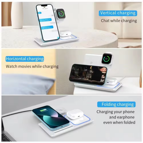 Station de Charge Sans Fil Qi 15W Pliable 3-en-1 – Blanc ou Noir