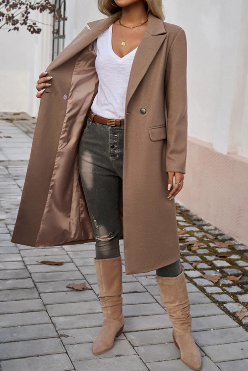 Manteau Long LUNELUX™ À Col Revers Boutonnage Simple – 4 Couleurs S à 2XL