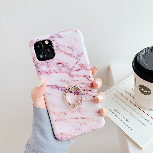 Coque iPhone Effet Marbre avec Anneau Support – 5 Coloris Pastel