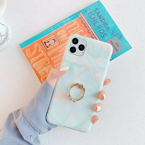 Coque iPhone Effet Marbre avec Anneau Support – 5 Coloris Pastel